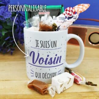 Mug bonbons des années 60 "Je suis un voisin qui déchire" - Cadeau personnalisé