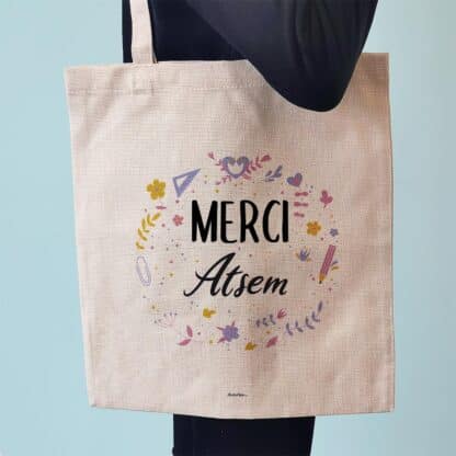 Tote bag “Merci Atsem”floral - cadeau personnalisé