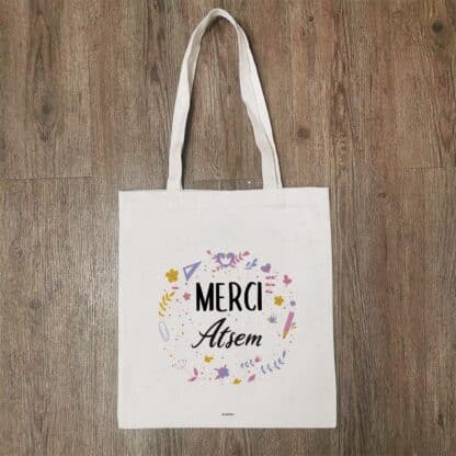 Tote bag “Merci Atsem”floral - cadeau personnalisé