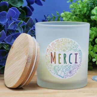 Petite Bougie top bois "Merci"- collection Arc-en-ciel