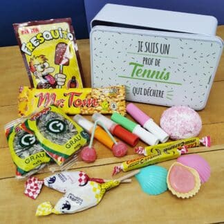 Coffret bonbons des années 70 "Je suis un prof de tennis qui déchire"